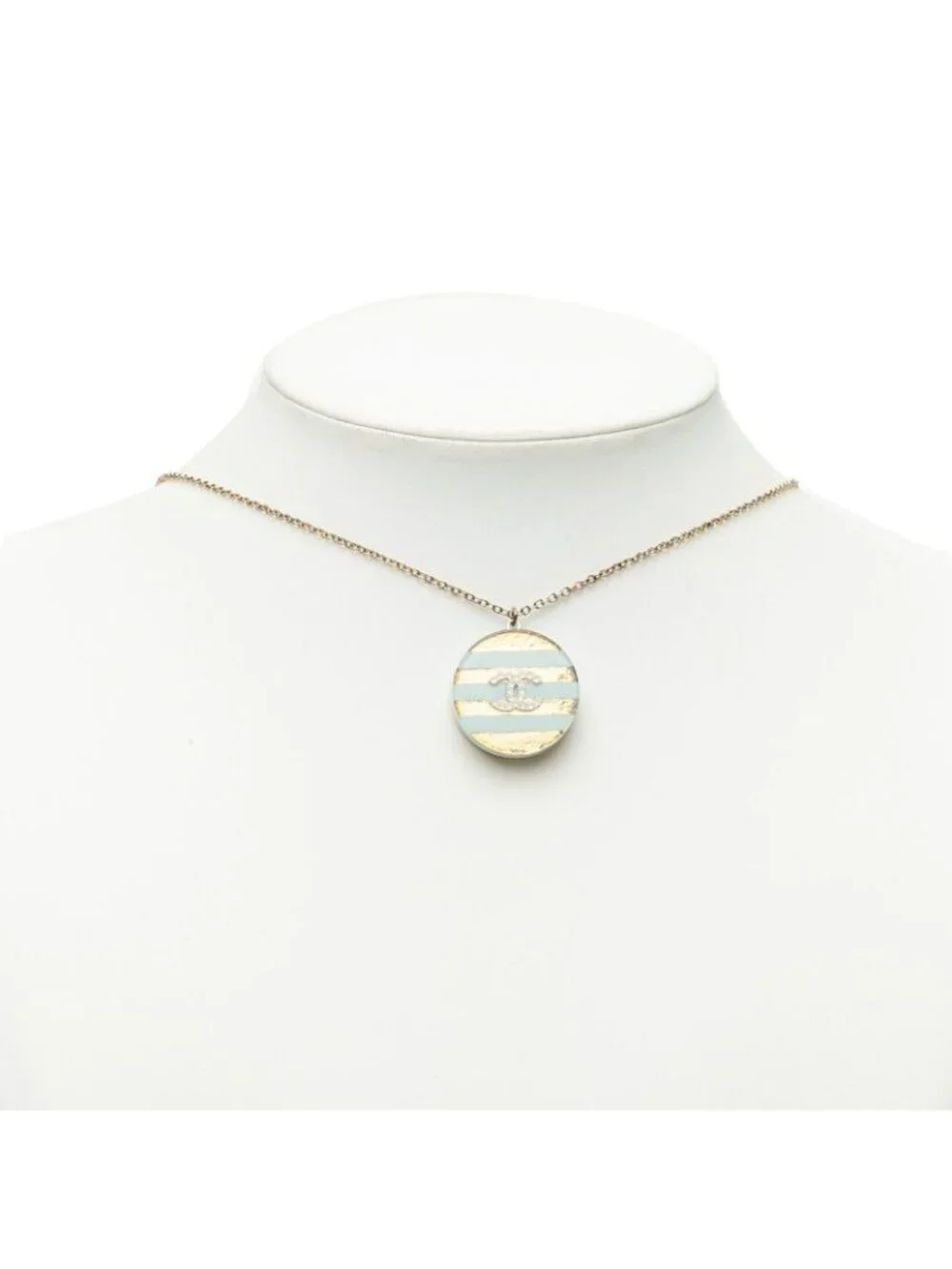 Chanel CC Logo Icon Border Necklace Gold Blue Plated Resin